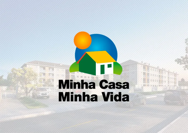Imagem de logotipo do programa Minha Casa Minha Vida com casa, sol e planeta em destaque.